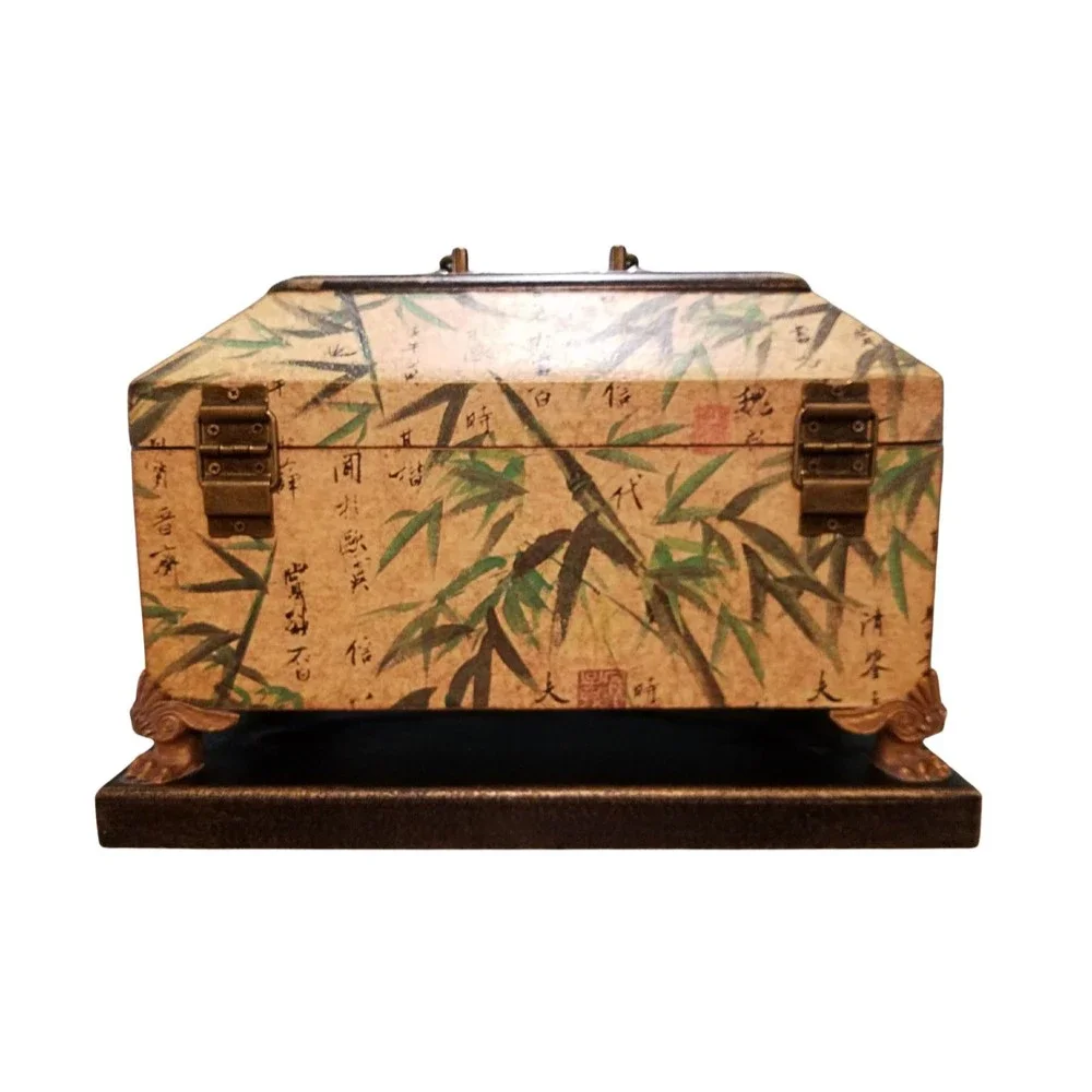 Vintage Wooden Jewelry Box with Asian Bamboo Detail Design Claw Feet on Base